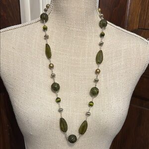 Green Jade and Silver Boho Resin Necklace
